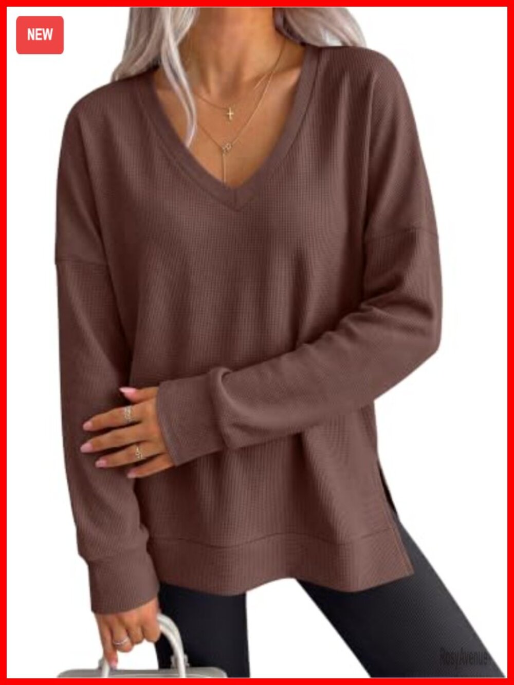 Waffle Knit Tunic Top Long Sleeve V-Neck Pullover Shirt
